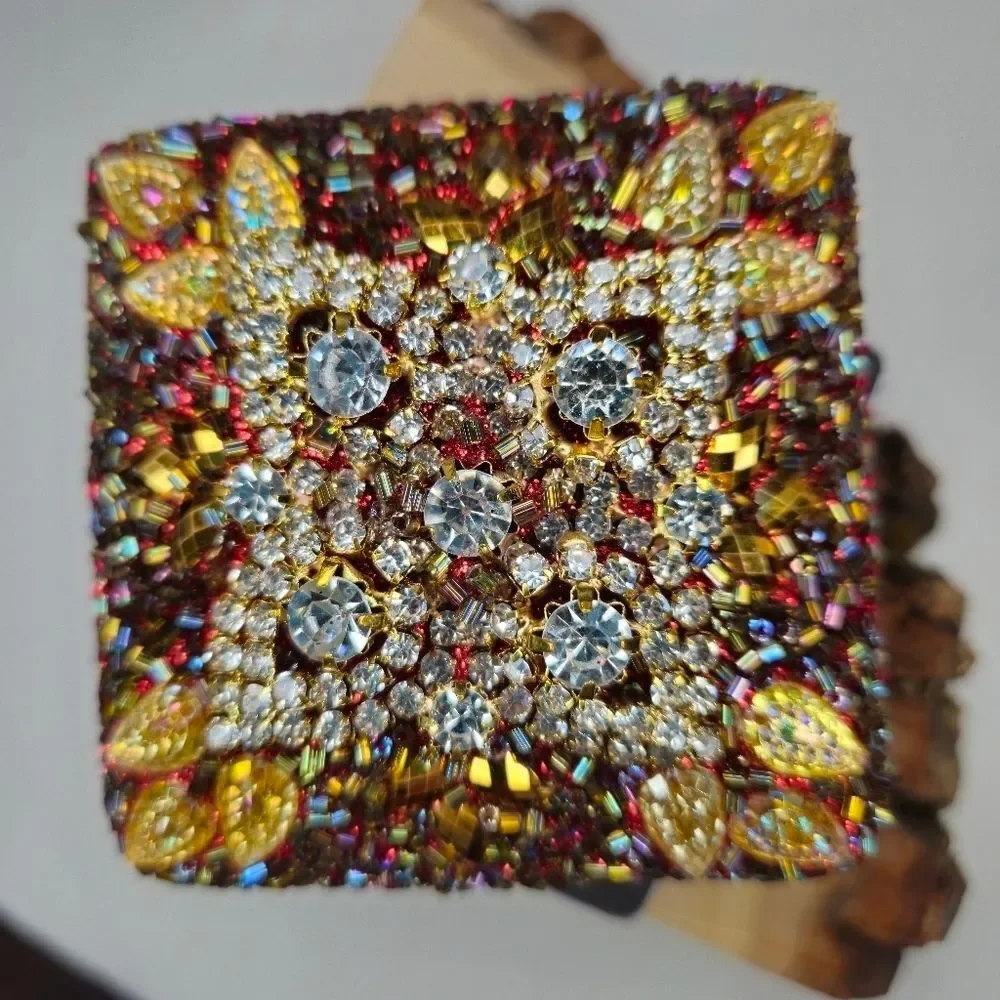 Vintage Artisan Handmade Rhinestone & Bead Trinket Box 80s-90s Made In India EUC